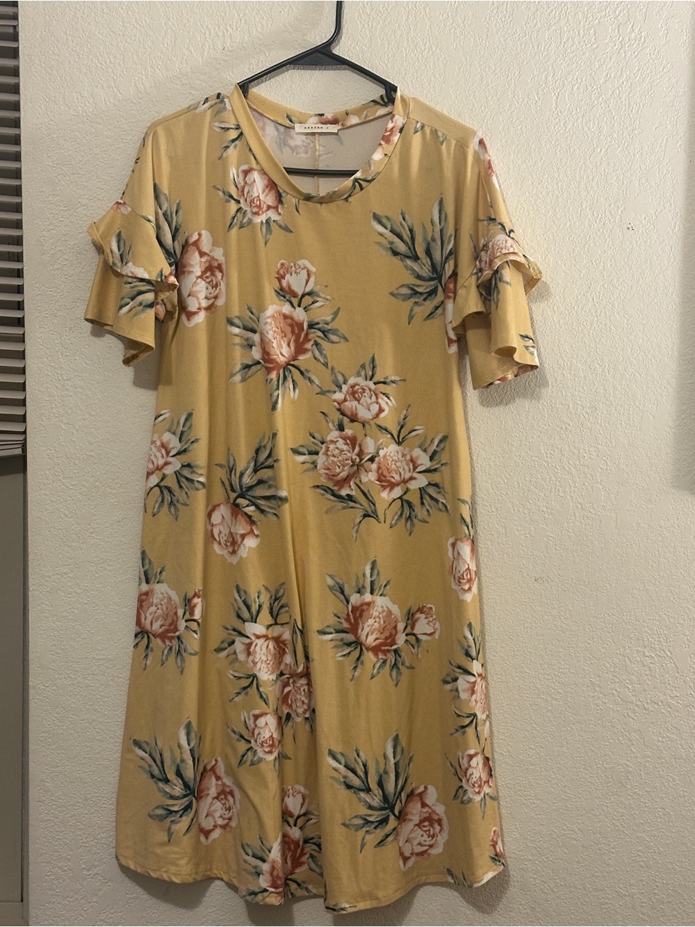 Reborn Mustard Yellow Floral Midi Dress with Ruffle Sleeves